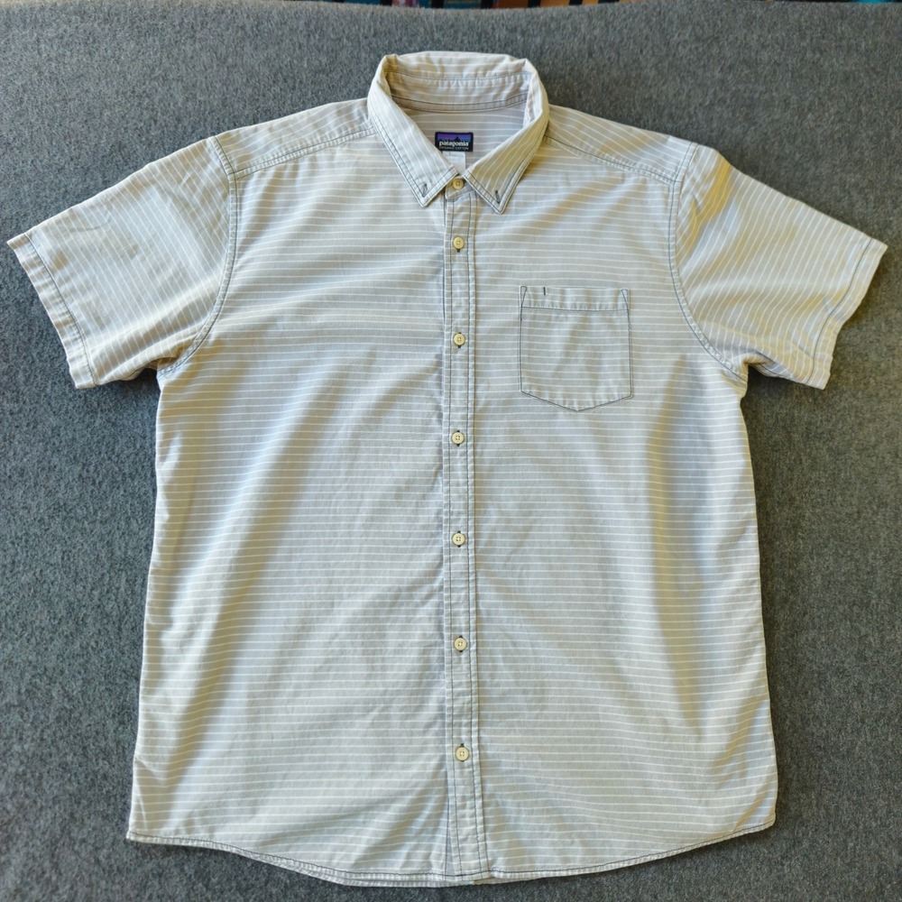 Patagonia Button Down Shirt Mens L Grey Pinstripe Organic Cotton SS EUC Outdoors